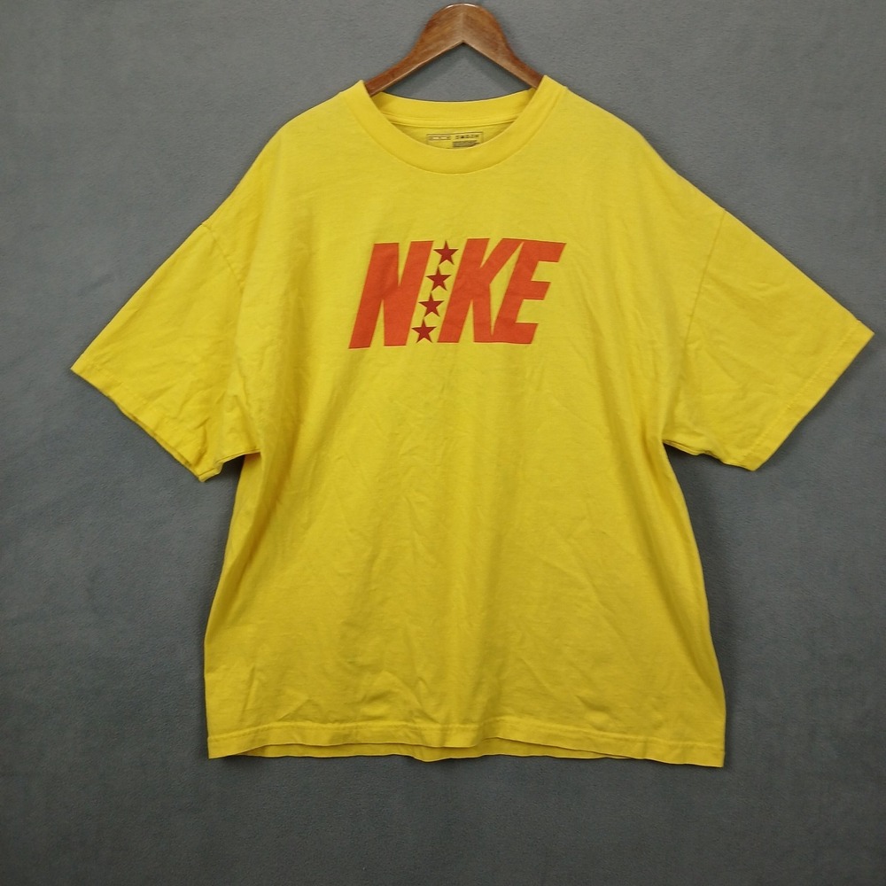 Vintage Nike T Shirt Mens 2XL Yellow Cotton Logo Spellout Performance Crewneck